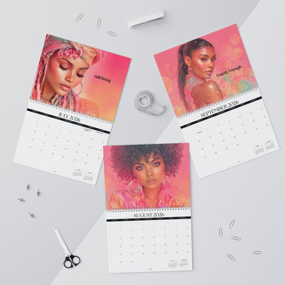 Calendar with three pages showing women's portraits on a light gray background