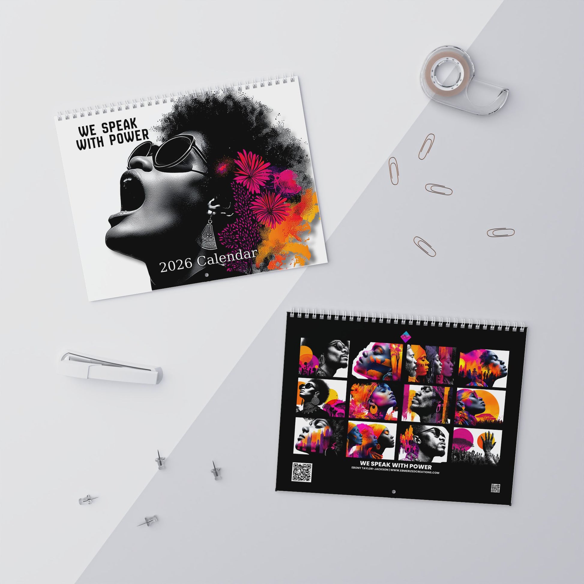 Two calendars on a white surface with decorative elements.