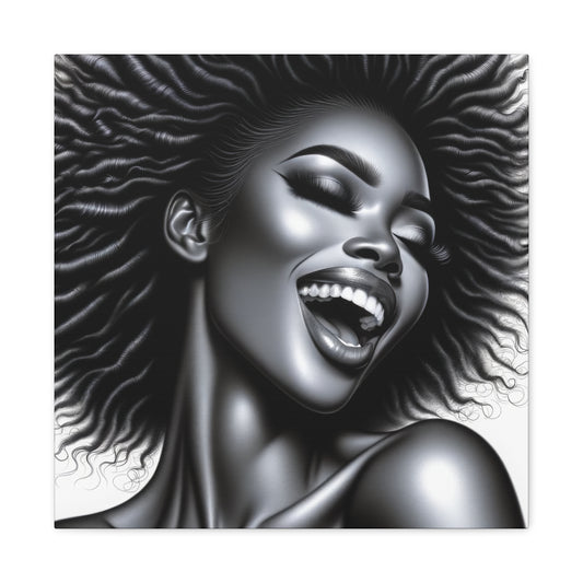 Monochrome portrait of a joyful woman with a radiant smile and lush, flowing hair, capturing the essence of happiness in high detail | EbMerized Creations