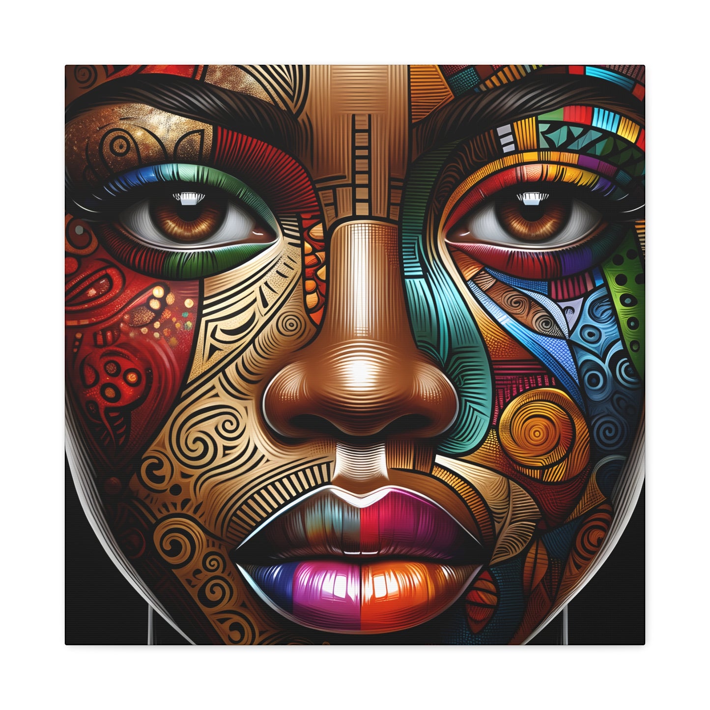 Vibrant, detailed digital art of a stylized face with a rich tapestry of patterns and colors, highlighting intricate tribal motifs in a modern portrait | EbMerized Creations