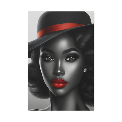 Stunning monochrome portrait of an African American woman with classic Hollywood glamour, highlighted by a red hat band and glossy red lips | EbMerized Creations