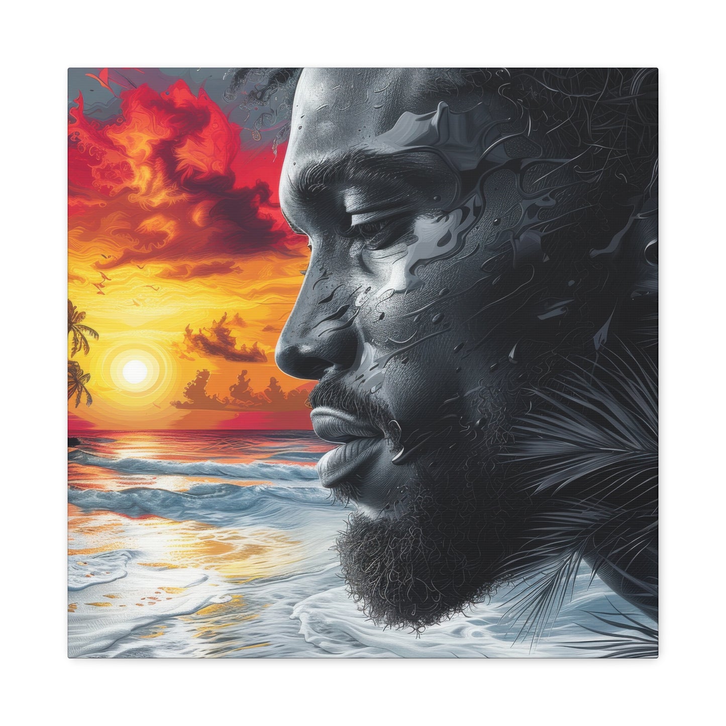 Sunset Serenity Canvas Art featuring a striking African American man and vibrant tropical beach scene by EbMerized Creations.