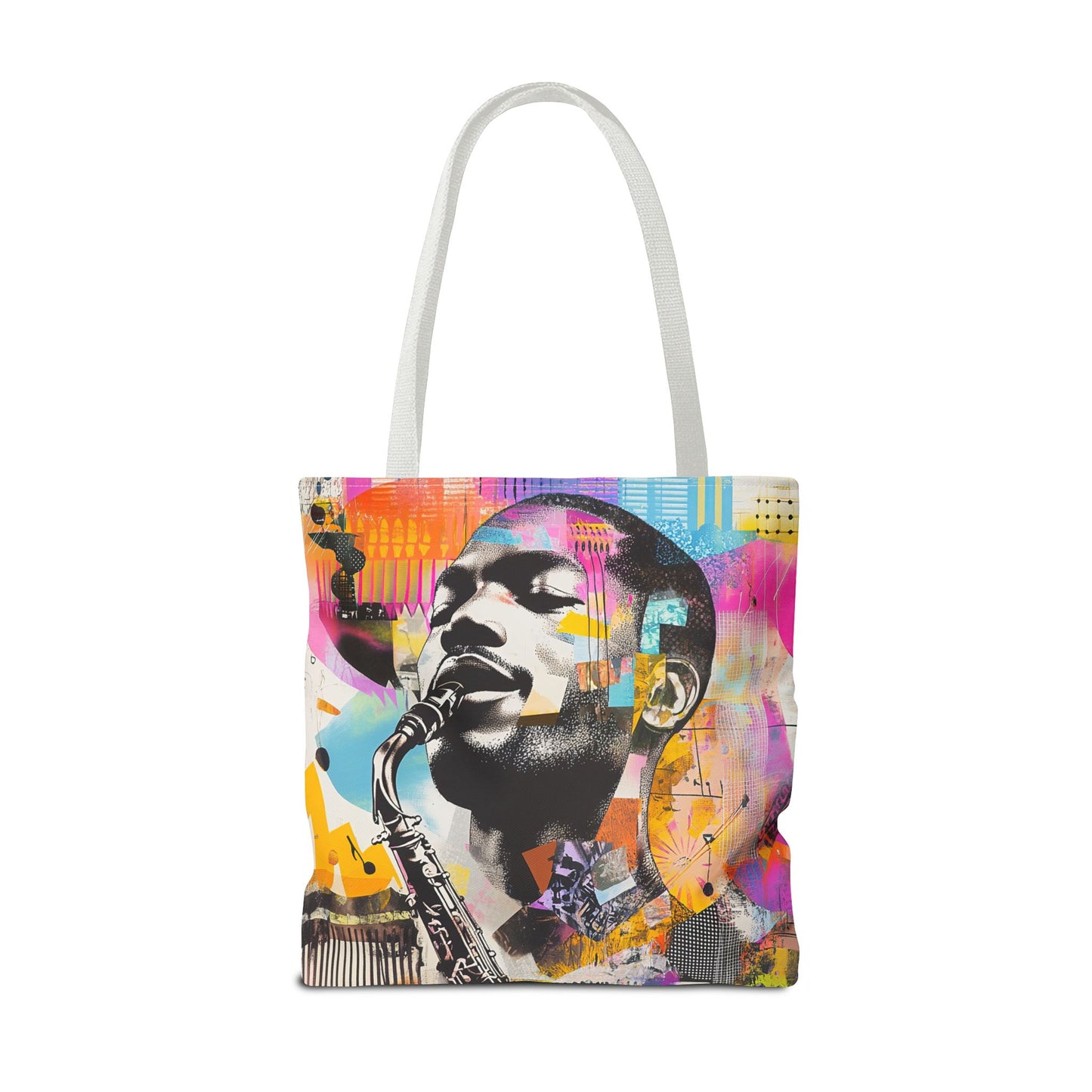 Colorful Jazz Saxophone Player Tote Bag – Music-Inspired Art Design