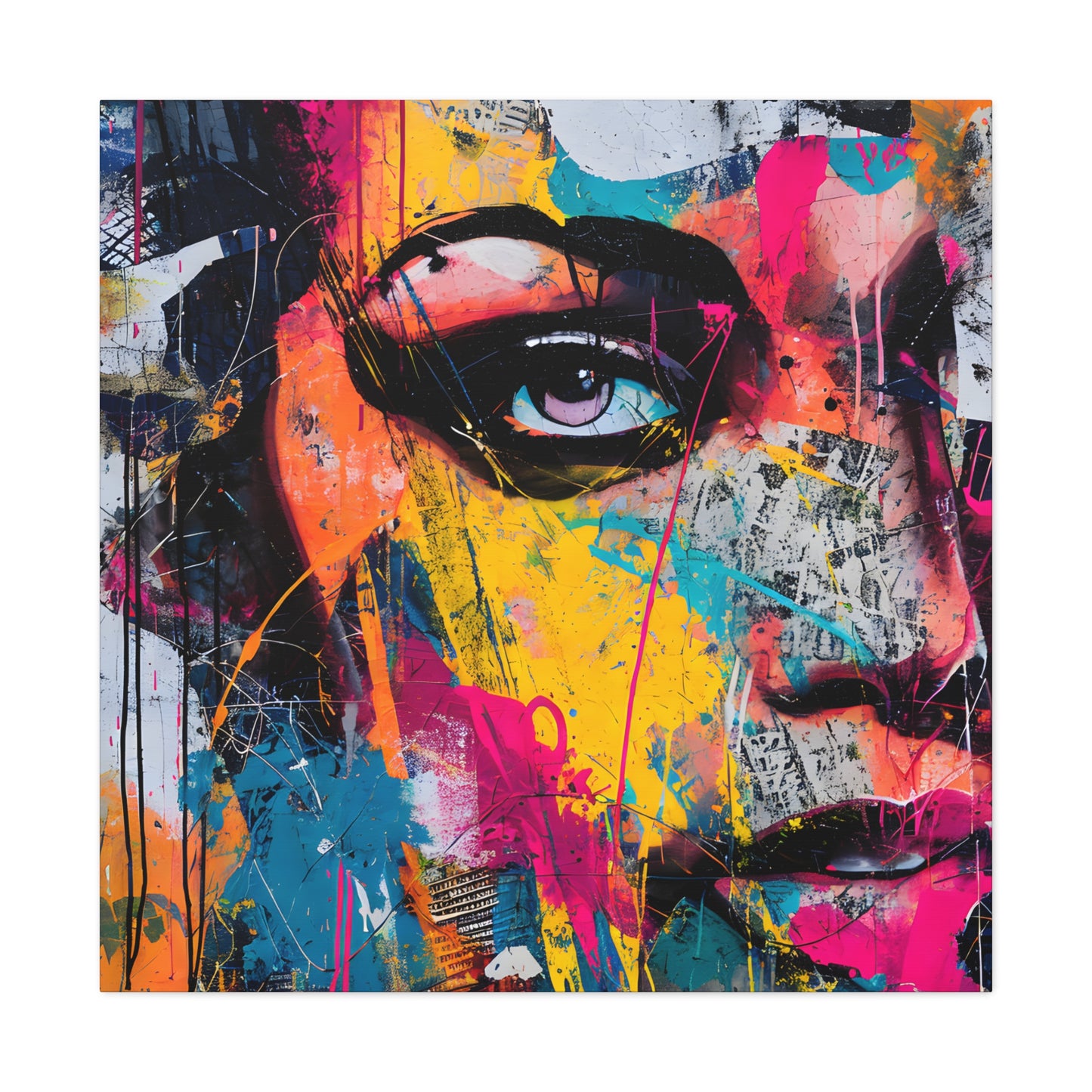 Abstract portrait with bold splashes of yellow, pink, and blue, featuring a singular eye that conveys a gaze full of intent and mystery | EbMerized Creations