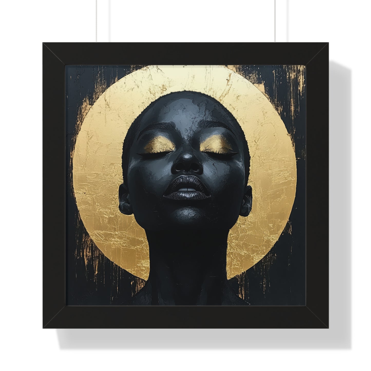 Black and gold portrait featuring a serene face with a radiant gold halo, framed in black for a luxurious and modern design.