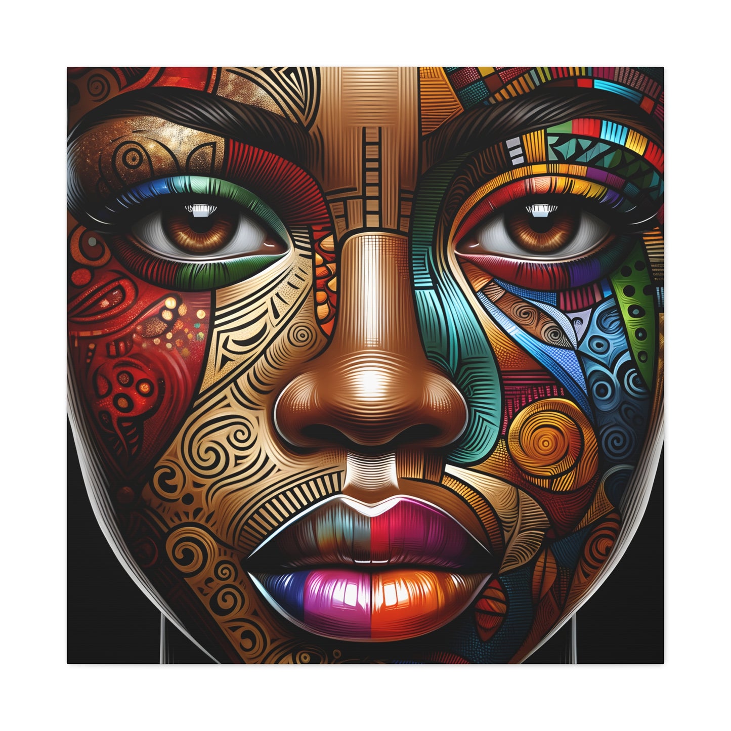 Vibrant, detailed digital art of a stylized face with a rich tapestry of patterns and colors, highlighting intricate tribal motifs in a modern portrait | EbMerized Creations