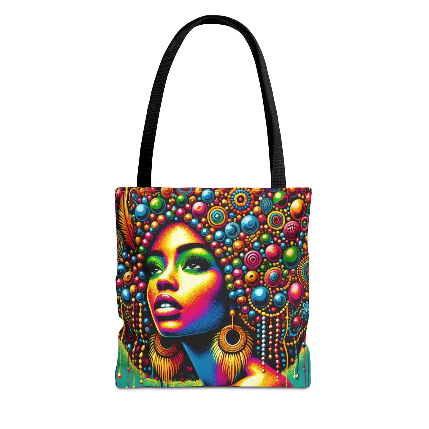 Radiant Afro Beauty Tote Bag featuring a colorful Afrocentric art design, perfect for everyday use with durable polyester fabric and multiple handle colors.