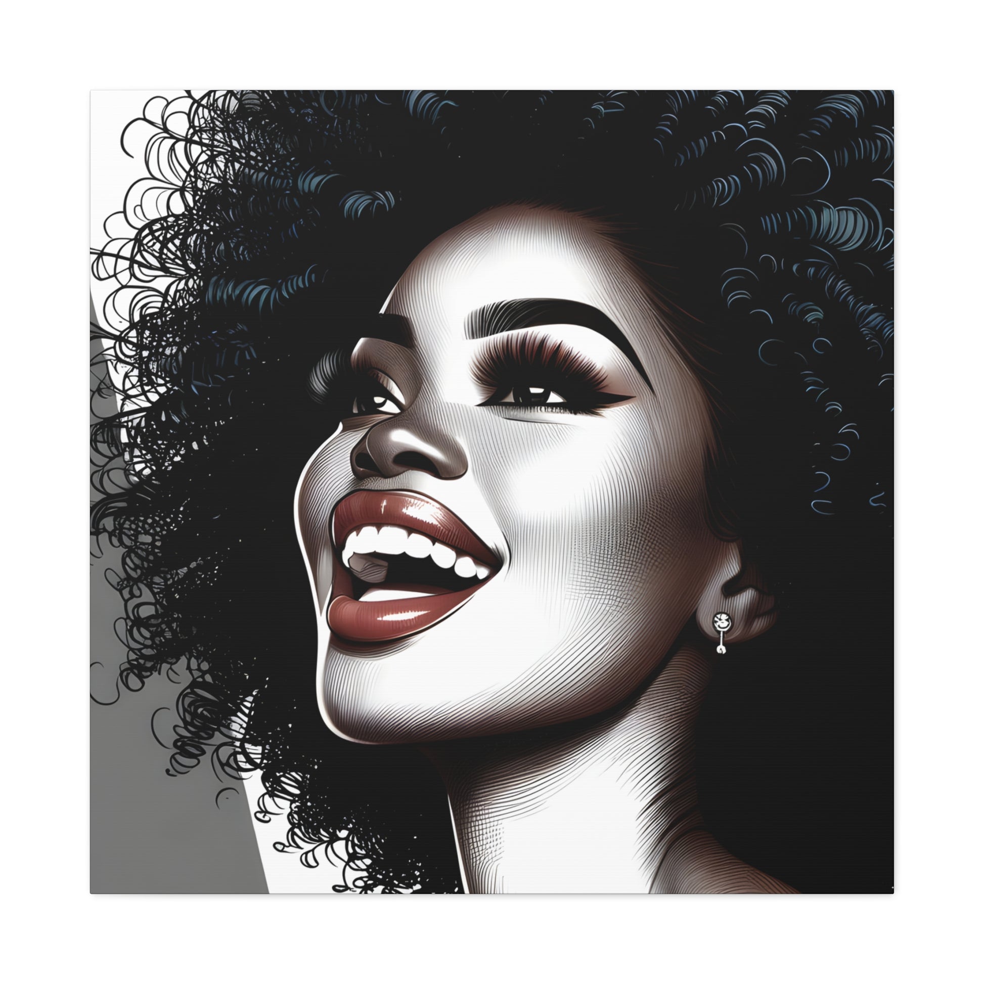 Illustration of a joyful African-American woman with a large curly afro, sparkling earring, and bright makeup, exuding happiness and style | EbMerized Creations