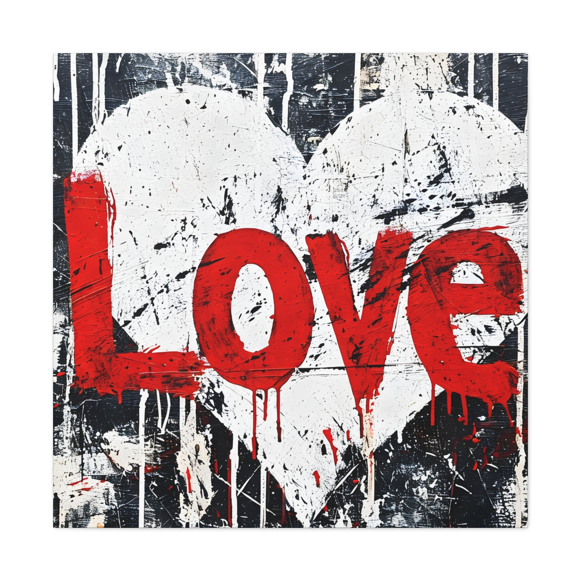 Canvas art featuring the word 'LOVE' in dripping red paint over a textured black and white background, symbolizing passion with a grunge aesthetic