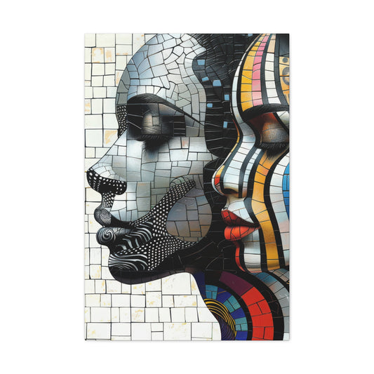 Colorful Mosaic African Portraits featuring two vibrant and intricate faces. This unique canvas wall art captures the beauty and diversity of African culture, perfect for adding a dynamic and elegant touch to any home decor