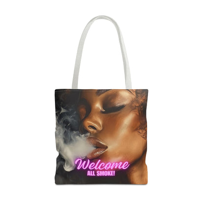 Bold 'Welcome All Smoke' Tote Bag – Fierce Woman in Smoky Art