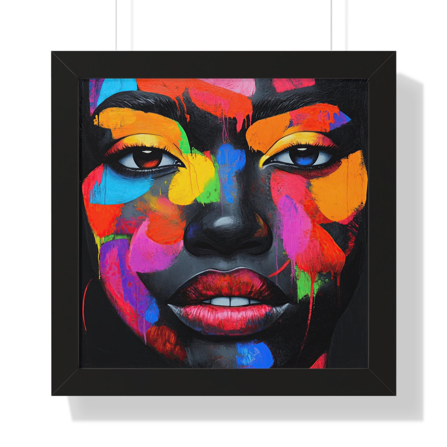 Bold multicolor abstract portrait featuring vivid splashes of color on a black canvas, framed in white for a sleek, modern look.