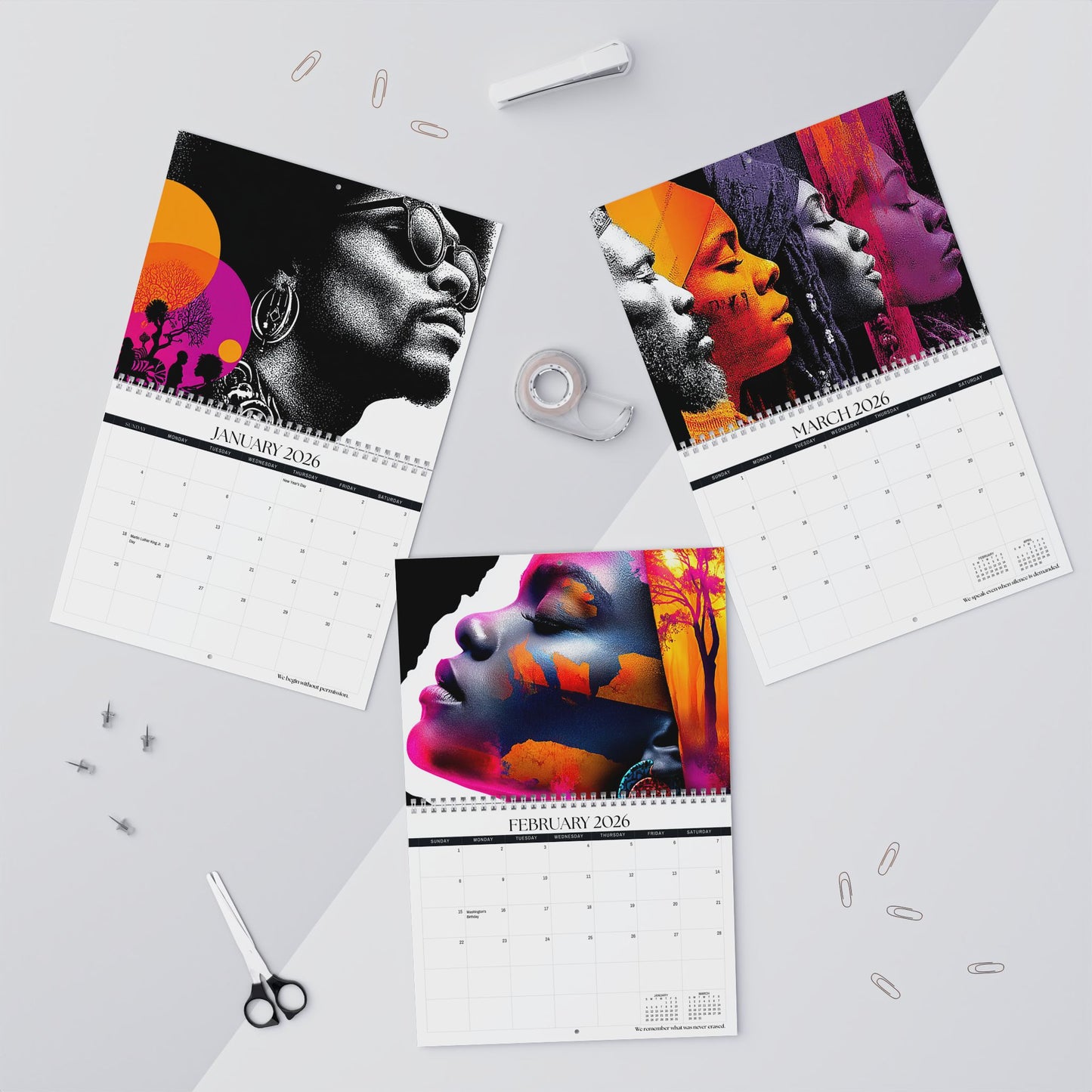 Three calendar pages showing artistic portraits on a light gray background with office supplies.