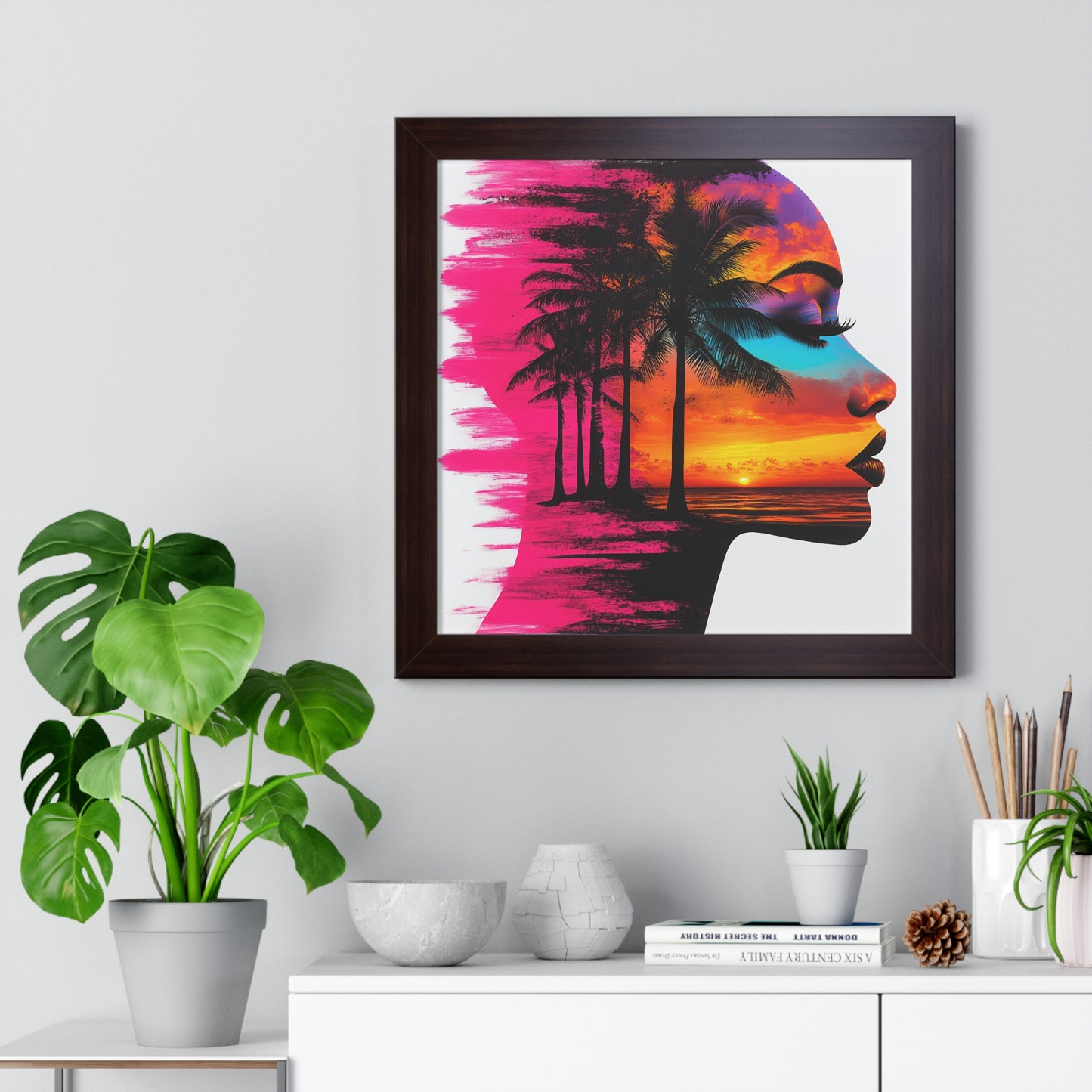 Tropical Sunset Silhouette Wall Art – Vibrant Framed Décor