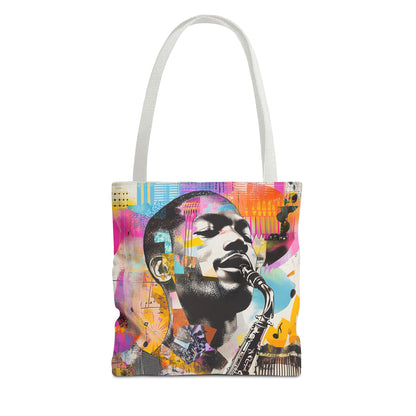 Colorful Jazz Saxophone Player Tote Bag – Music-Inspired Art Design