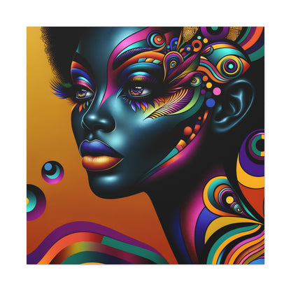 Artistic portrayal of an African American woman with a colorful, psychedelic pattern on her face against a warm orange background | EbMerized Creations