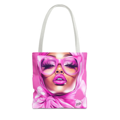 Bold and beautiful pink glam tote bag with a stylish breast cancer awareness design, featuring durable double-stitched seams and cotton webbing straps, available in 3 sizes.