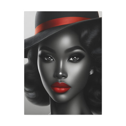 Stunning monochrome portrait of an African American woman with classic Hollywood glamour, highlighted by a red hat band and glossy red lips | EbMerized Creations