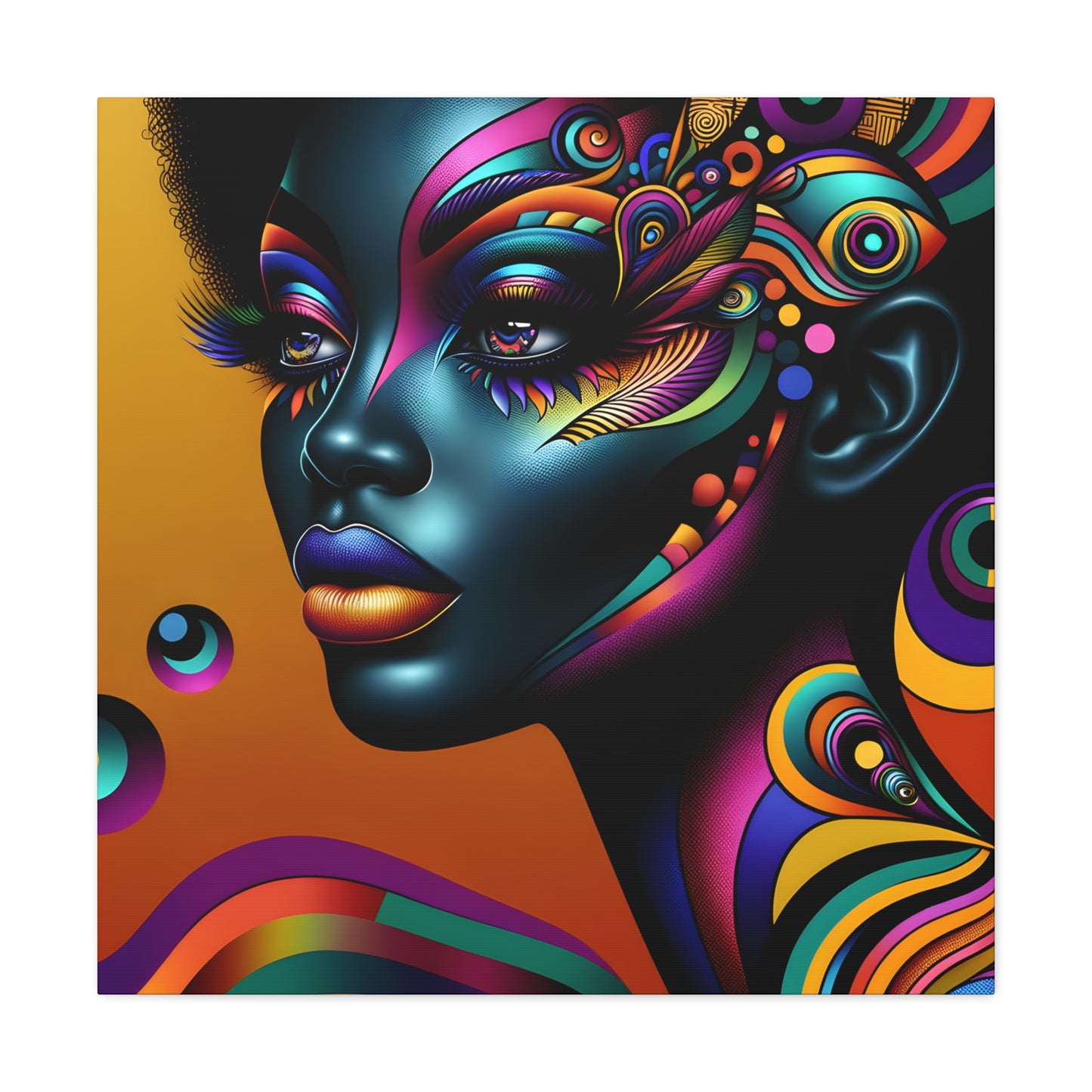 Artistic portrayal of an African American woman with a colorful, psychedelic pattern on her face against a warm orange background | EbMerized Creations