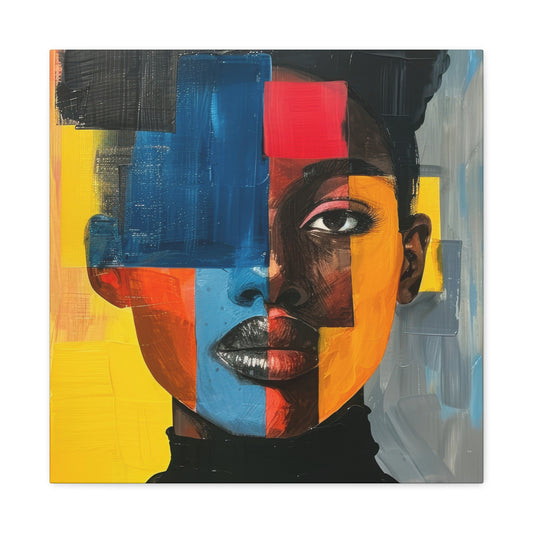 Modern Geometric Beauty: A striking multicolored abstract face art featuring bold geometric shapes and vibrant colors. This modern canvas art piece showcases a dynamic and captivating portrait of an African American woman, perfect for adding a contemporary touch to any space.