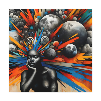 Digital art of a contemplative African woman against a vibrant cosmic backdrop with planets and a burst of orange, blue, and gray abstract elements | EbMerized Creations