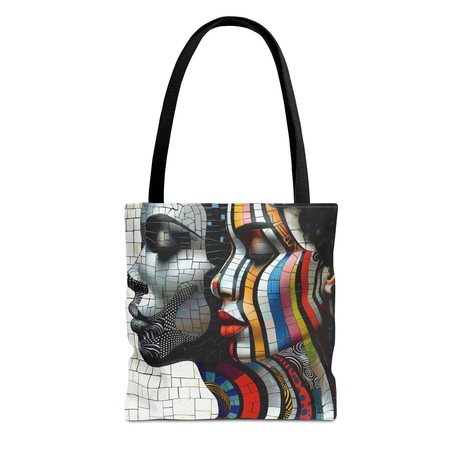 Artistic dual faces tote bag featuring vibrant mosaic design with colorful patterns