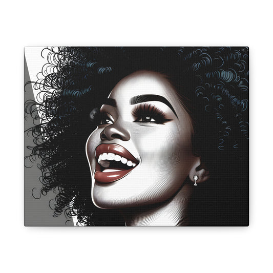 Illustration of a joyful African-American woman with a large curly afro, sparkling earring, and bright makeup, exuding happiness and style | EbMerized Creations