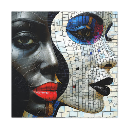 Mosaic Beauty Canvas Art featuring a dual African woman portrait in a vibrant and abstract mosaic style by EbMerized Creations.