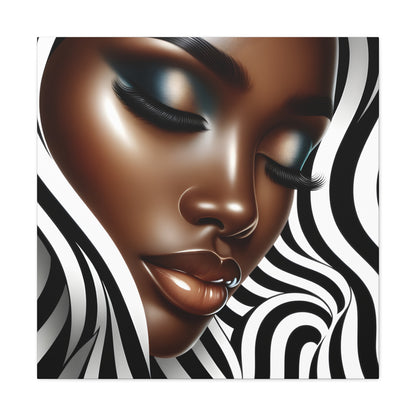 Digital art of an African American woman's serene face with wavy black and white patterns in the background, highlighting her striking features | EbMerized Creations