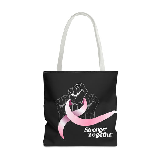 Stronger Together Breast Cancer Awareness Tote Bag featuring raised fists and pink ribbon design, available in three sizes with multiple handle color options for a stylish and durable accessory.