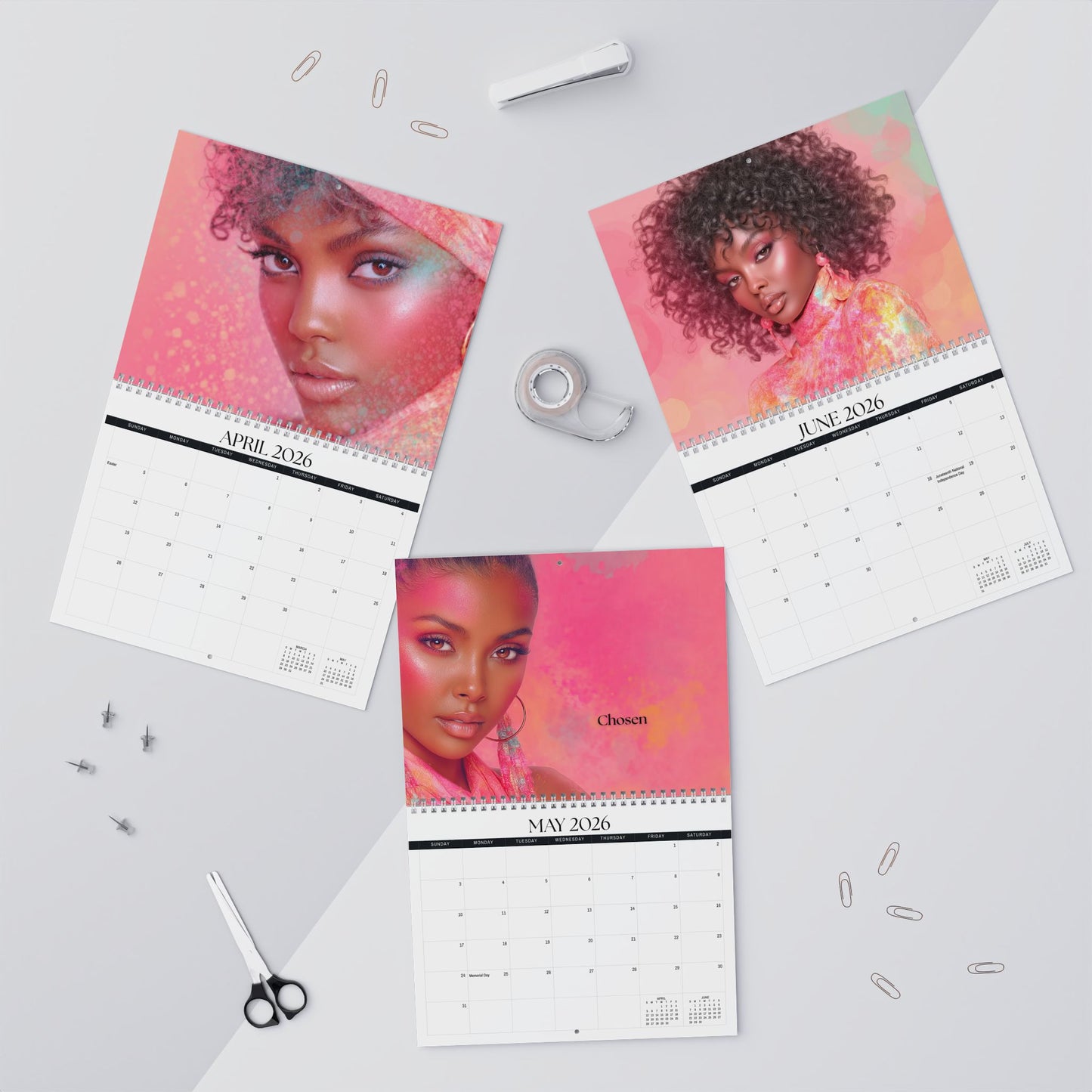 Three calendar pages showing a woman's face with different months on a light gray background.