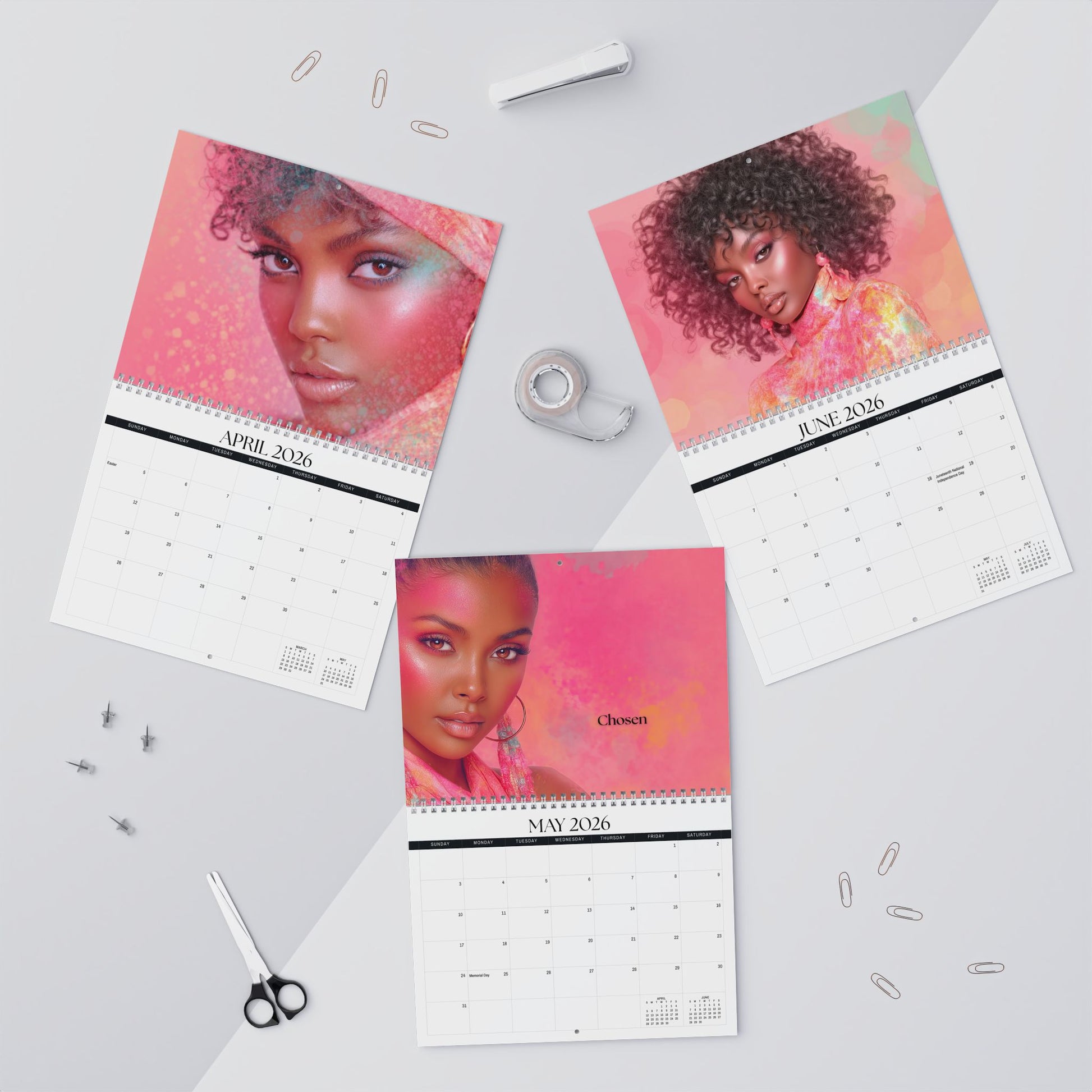 Three calendar pages showing a woman's face with different months on a light gray background.