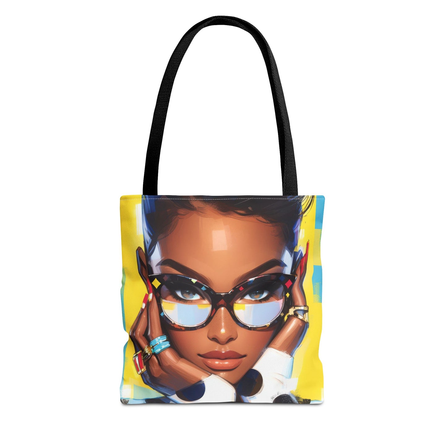 Vibrant Pop Art tote bag with a bold illustration of a fierce woman in glasses, perfect for adding style and personality to everyday use.