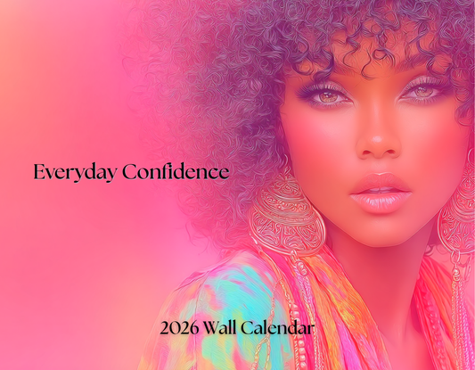 2026 wall calendar cover with a woman's face and 'Everyday Confidence' text on a pink gradient background.