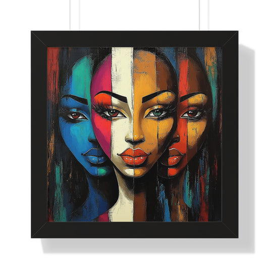 Triple Beauty Abstract Wall Art featuring three vibrant faces in bold colors of blue, red, and gold, framed in white for a sleek, modern look.