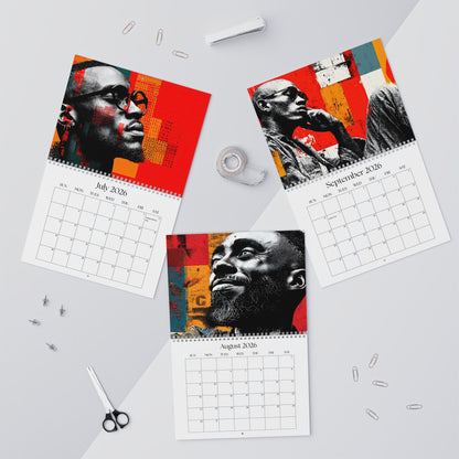Calendar with a portrait design on a gray surface with office supplies.