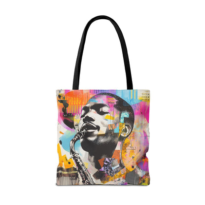 Colorful Jazz Saxophone Player Tote Bag – Music-Inspired Art Design