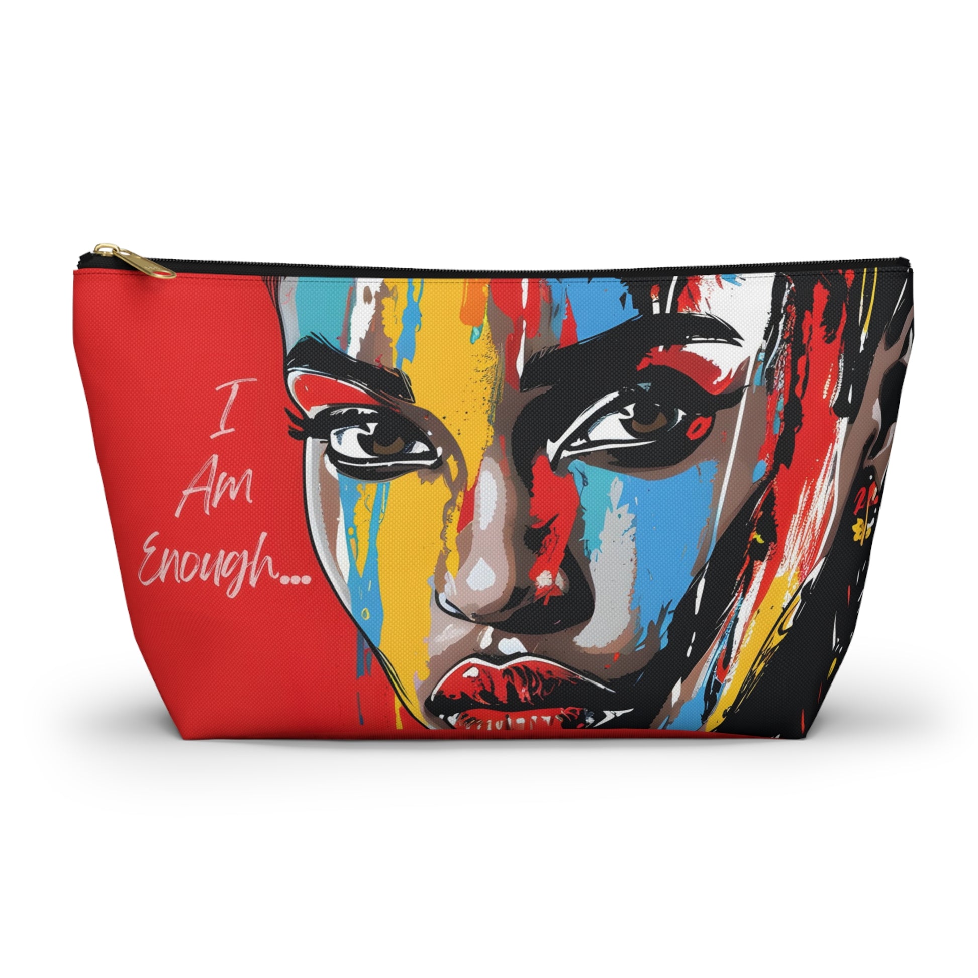 I Am Enough Empowerment Pouch featuring a bold, colorful design. Perfect for cosmetics, travel essentials, or everyday organization, with durable polyester and zipper closure.