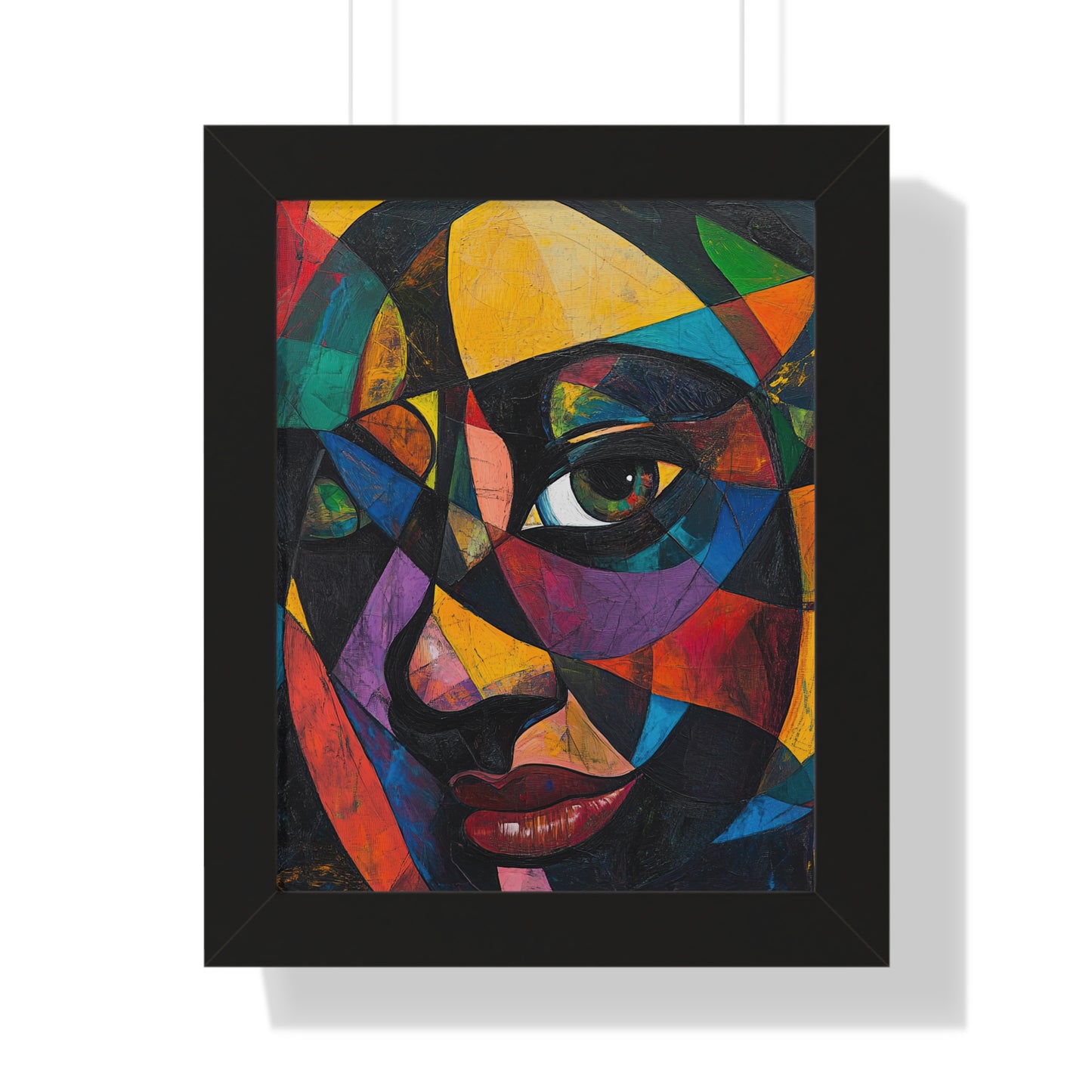 Framed abstract portrait wall art featuring a vibrant multicolor design with bold geometric shapes and a striking female face in a black frame.