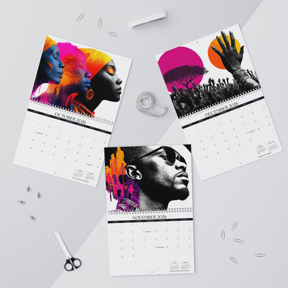 Three calendar pages on a white surface with artistic designs and text.