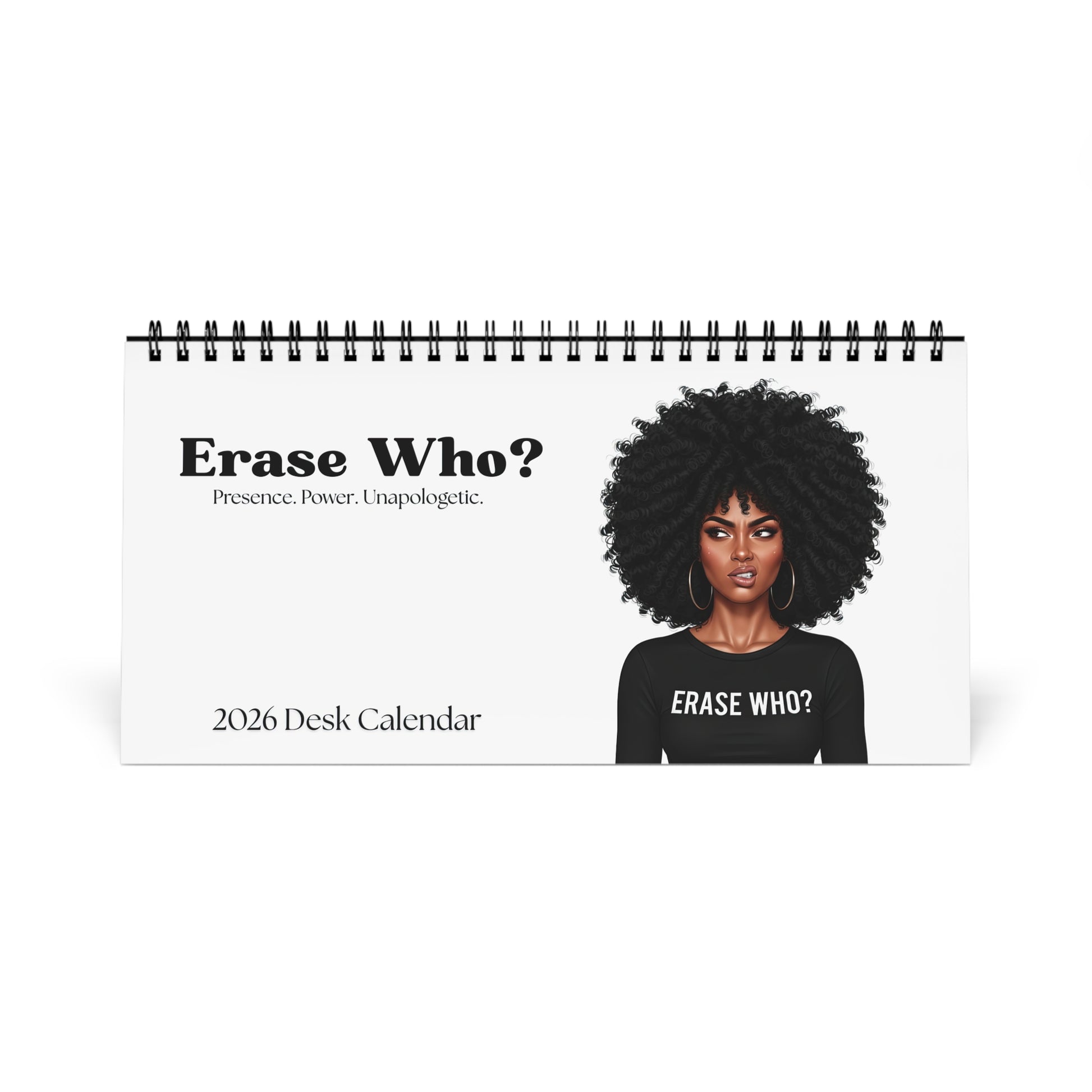 2026 Erase Who desk calendar featuring a confident Black woman with bold afro hairstyle and modern minimalist design.