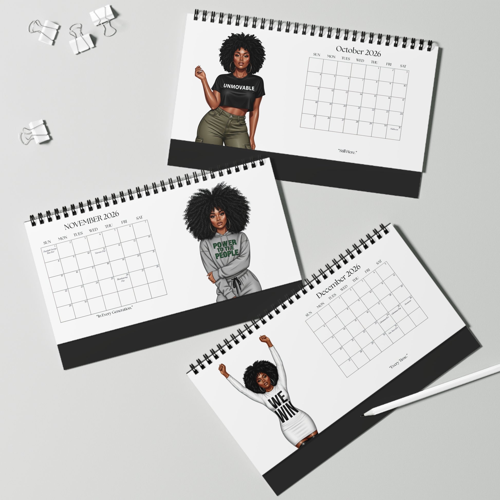 Three spiral-bound calendars featuring illustrations of a woman on a gray surface.
