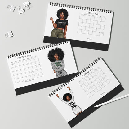 Three spiral-bound calendars featuring illustrations of a woman on a gray surface.