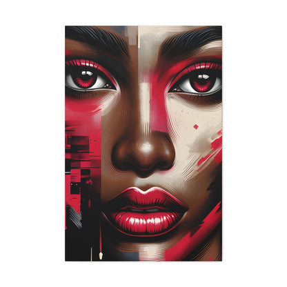 Digital portrait of an African American woman with striking red and pink hues on her face, dramatic red eyeshadow, and a captivating gaze, set against a street art backdrop with a drip effect. | EbMerized Creations