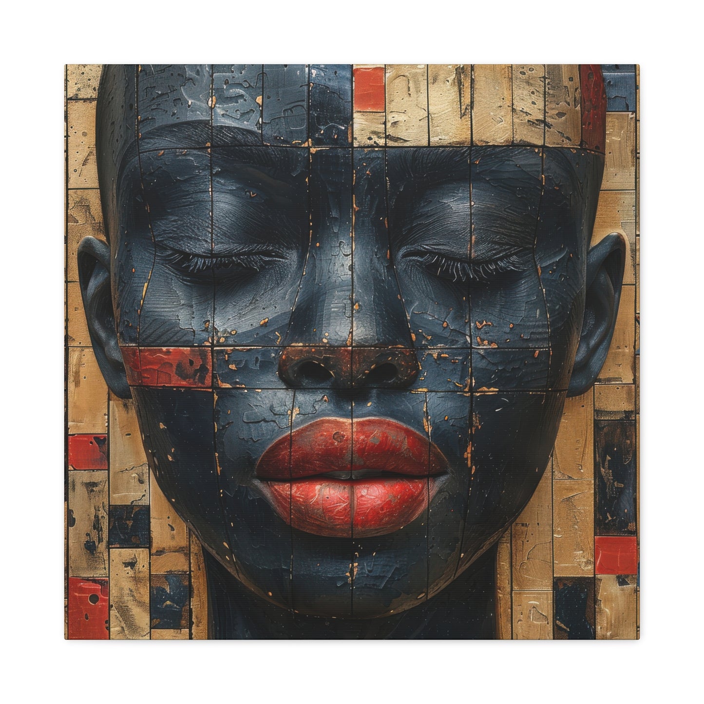 Unique African Woman Canvas Art: Bold Red Lips and Closed Eyes Design