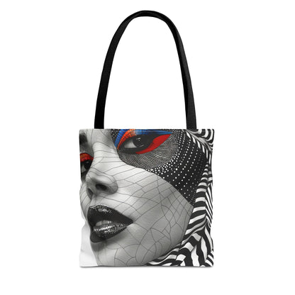 Abstract art tote bag with black and white geometric face design and vibrant eye makeup