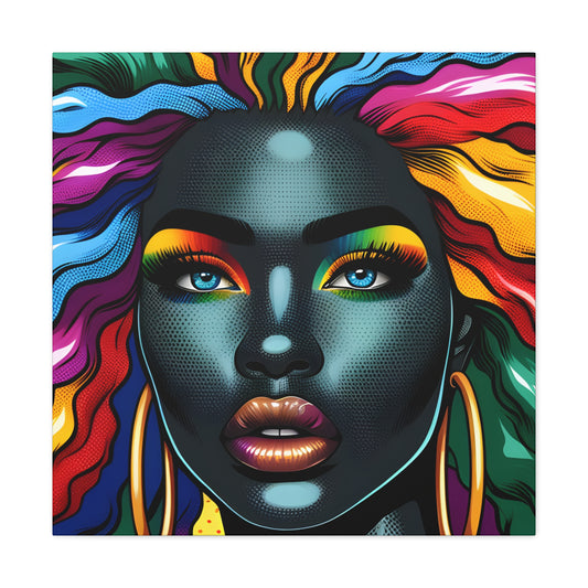 Colorful digital portrait of a woman with rainbow-hued hair and vibrant eyeshadow, full lips, and hoop earrings, exuding a bold and artistic vibe | EbMerized Creations