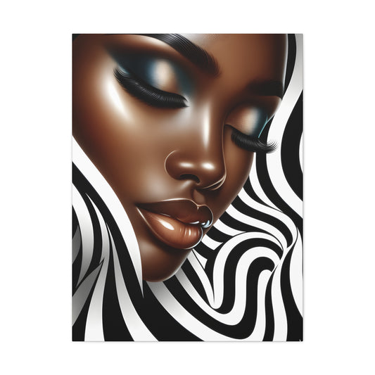 Digital art of an African American woman's serene face with wavy black and white patterns in the background, highlighting her striking features | EbMerized Creations
