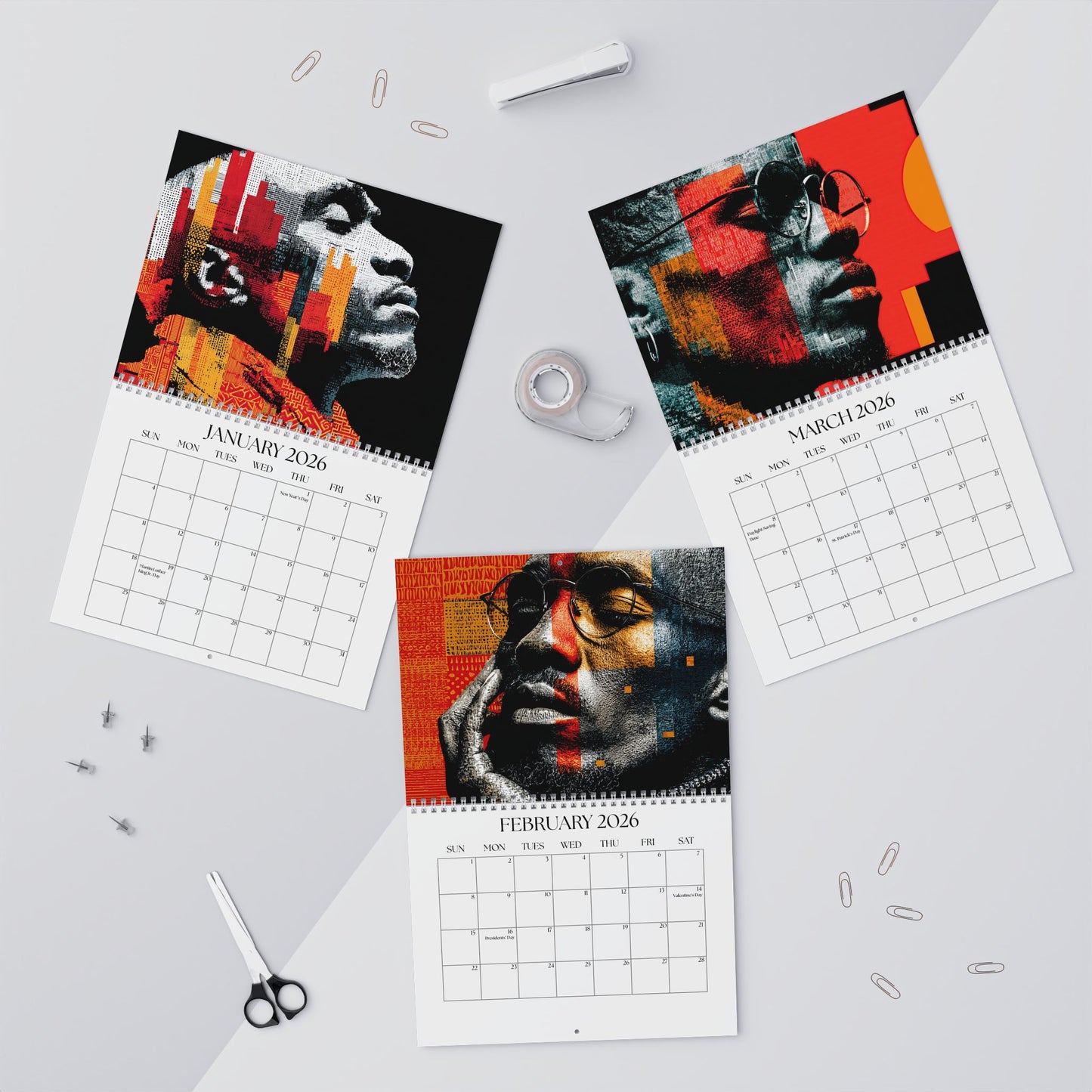 Three calendar pages showing a person's face with abstract designs on a gray surface.