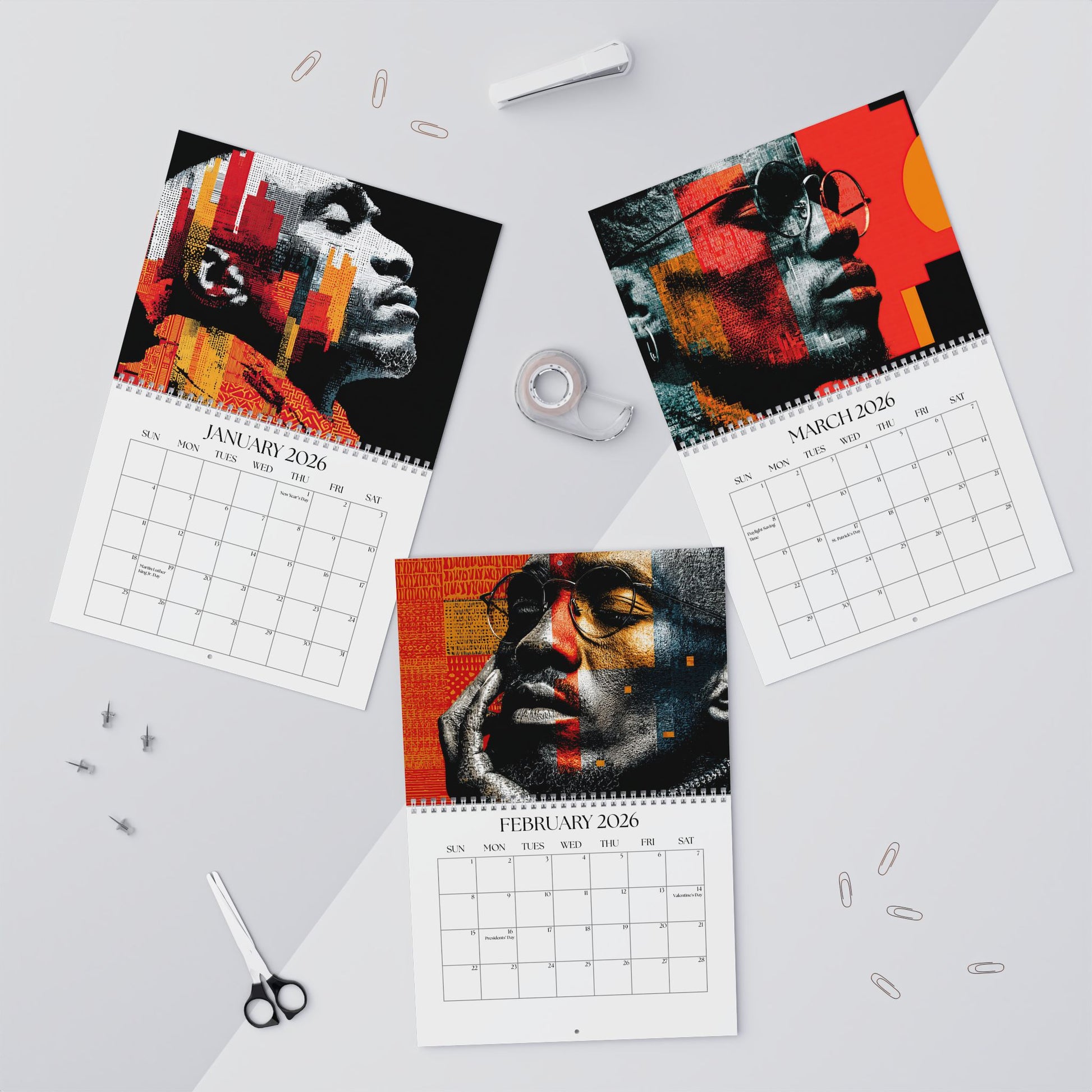 Three calendar pages showing a person's face with abstract designs on a gray surface.